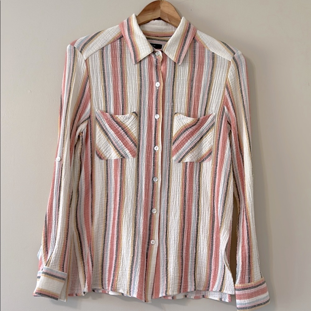 Drew | Button Up Shirt | 100% Cotton Gauze Roll Tab Sleeve Small Long Sleeve